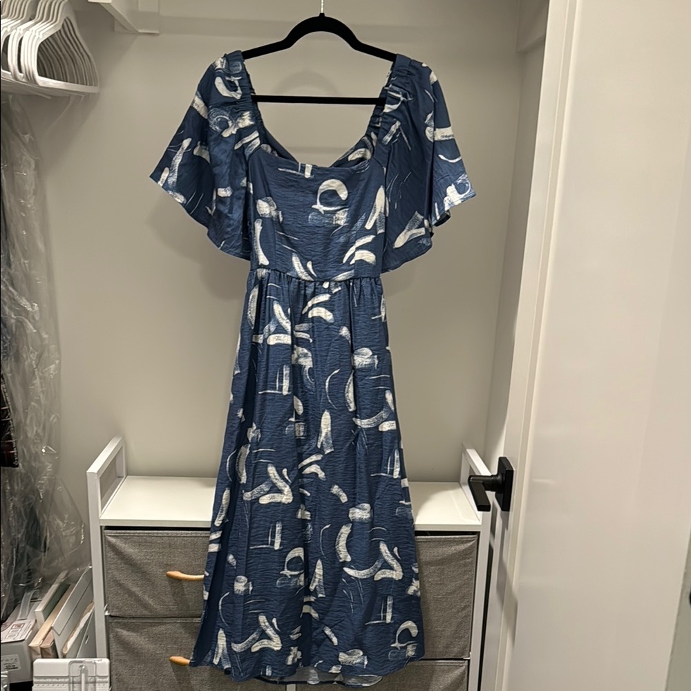 A New Day Blue and White Flutter Sleeve Maxi Sundress